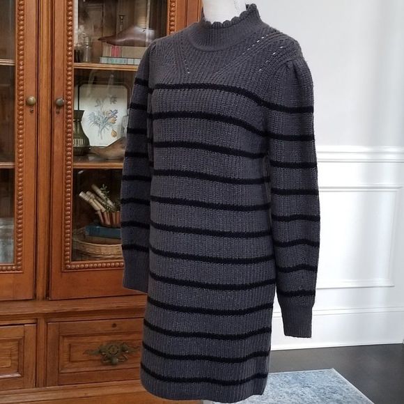 La Classe Couture Gray Sweater Dress Stripes Poof Sleeve Size Medium - Picture 2 of 10